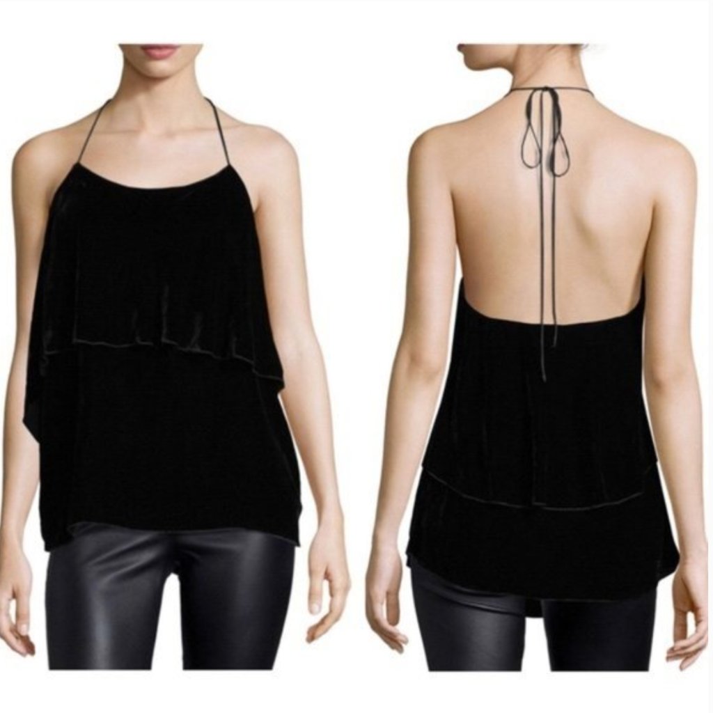 Alice + Olivia Marybeth Silk Velvet Halter Top Ruffle Blouse Tank Black Size M